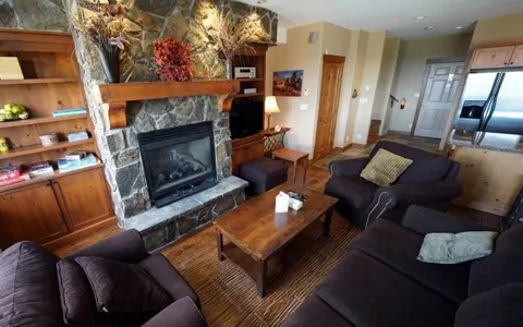 Living room with stone and wood fireplace surround