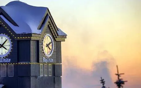 Big White village clock tower at sunset